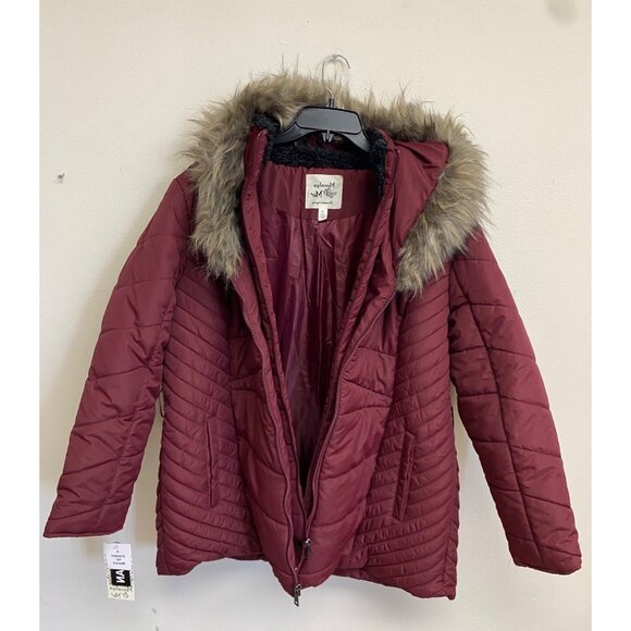 Maralyn & Me Women's Wine Trendy Plus Belted Trim Hooded Puffer Coat Size 1X NWT - Picture 2 of 7